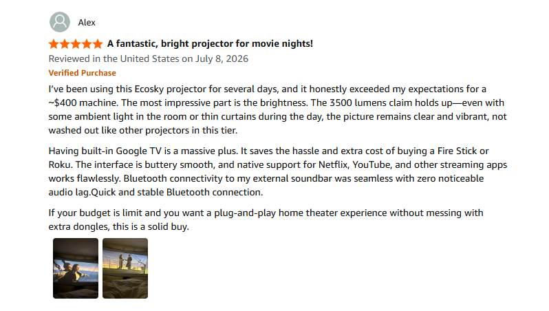 Verified Amazon review from Alex for the Ecosky CR67 projector