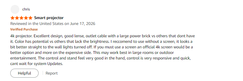 Verified Amazon review from Chris for the Ecosky CR67 projector