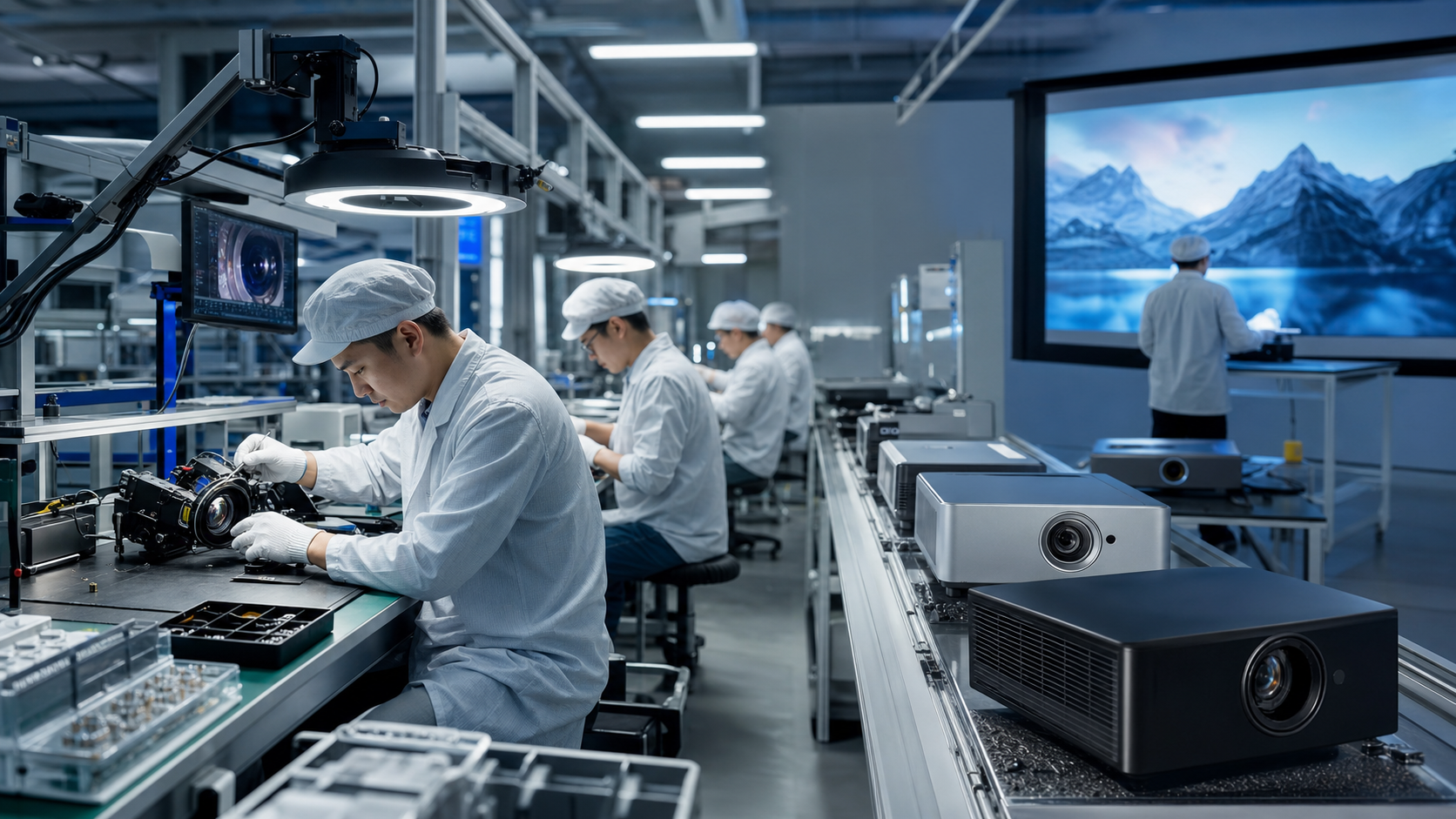 Illustrative projector manufacturing and image quality control scene