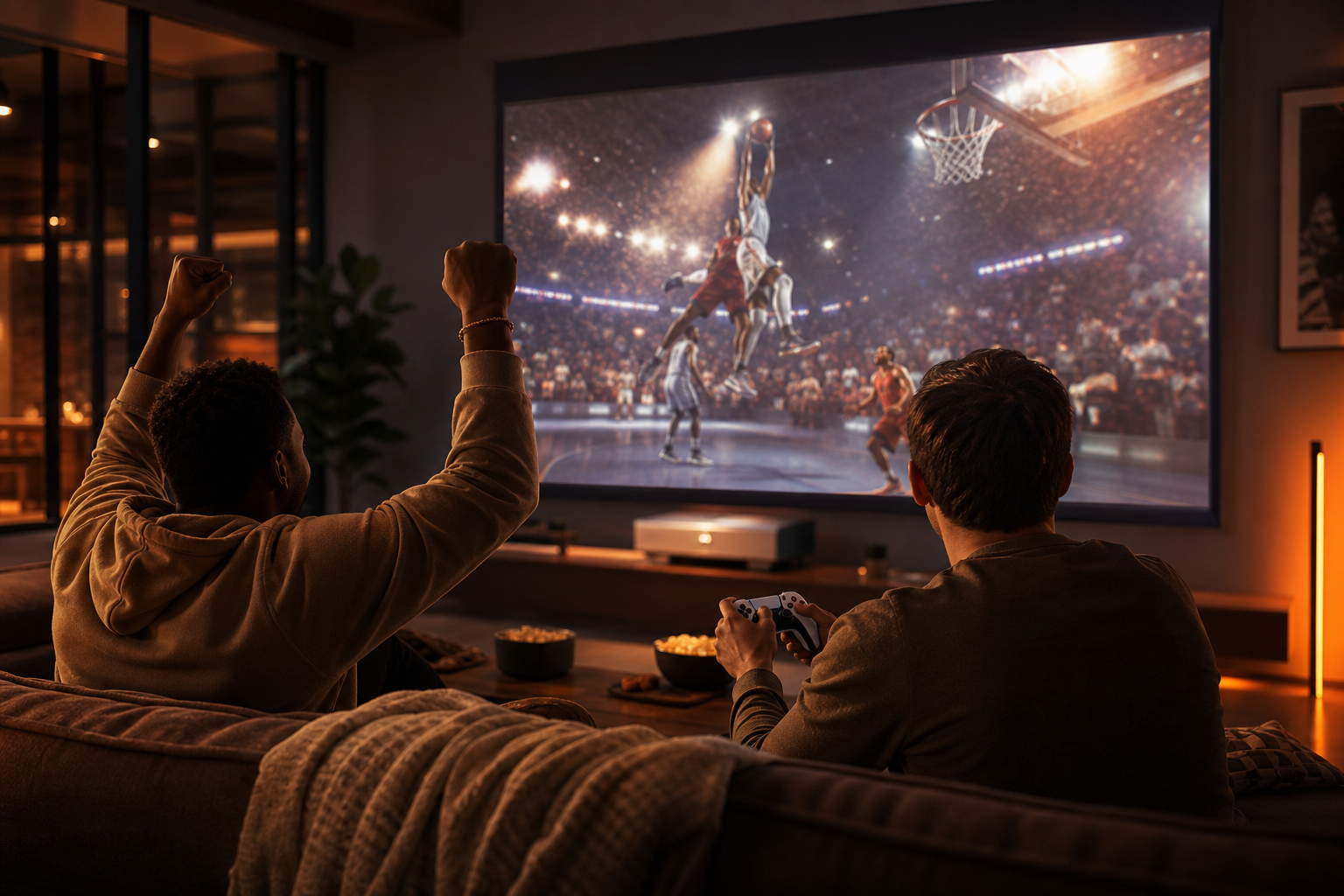 Friends enjoying sports and console entertainment on a projector screen