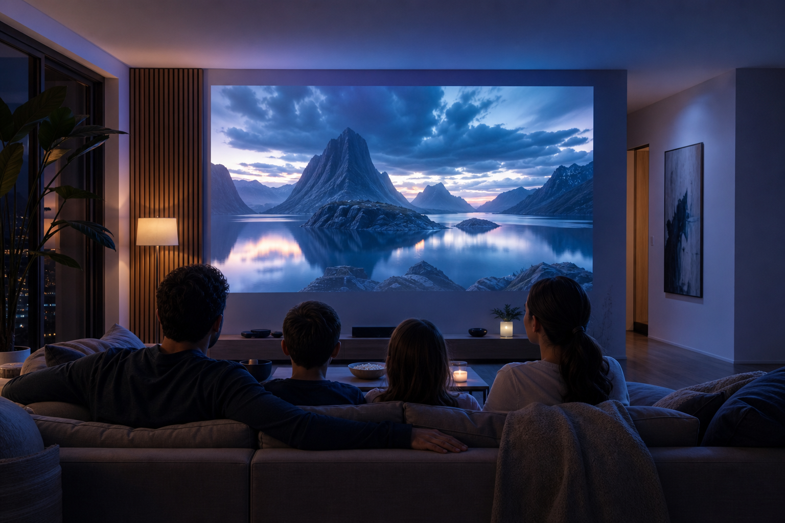 American family enjoying a movie night on a large projector screen