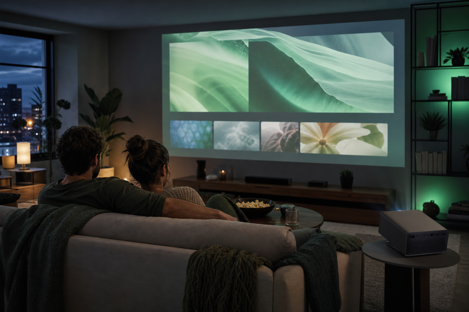 Couple relaxing with everyday streaming on a home projector